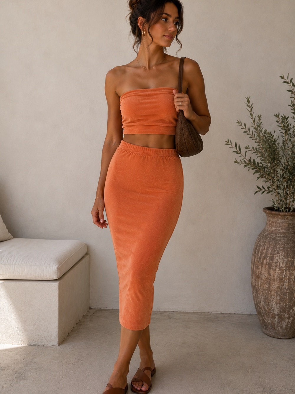 Forever 21 Orange Fitted Midi Skirt